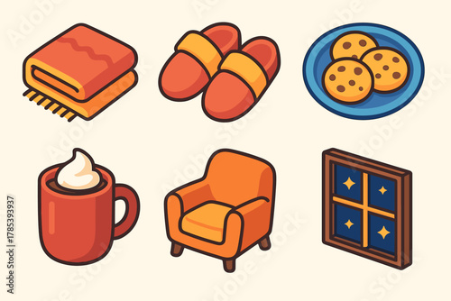 Holiday Comfort Icons. Holiday Comfort modern flat icon set: blanket, slippers, cookie plate, cocoa mug, cozy chair, glowing window.