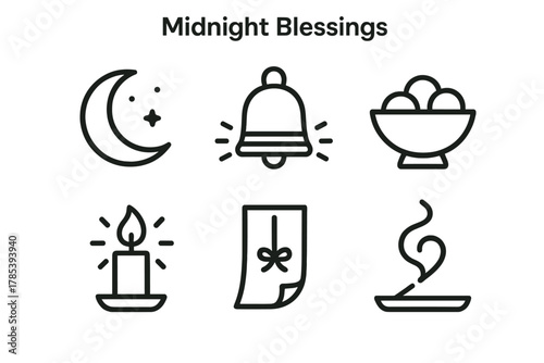 Sacred Night Icons. Midnight Blessings outline icon set: moon glow, temple bell, offering bowl, glowing candle, paper wish, incense smoke.