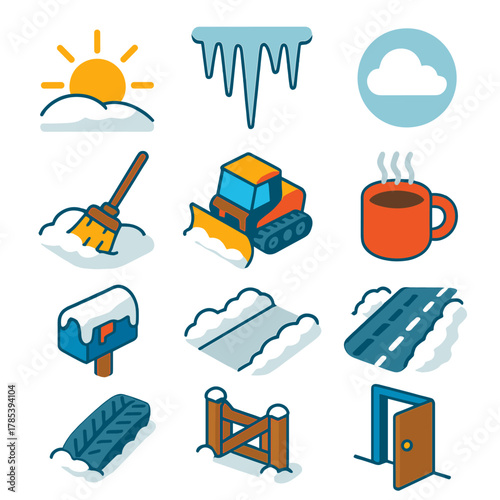 Vibrant Snowy Icons. Morning After Snow modern flat icon set: sunrise, icicles, clear sky, steaming cup, broom, snow plow, shoveled path, car tracks, mailbox with frost, tire mark,