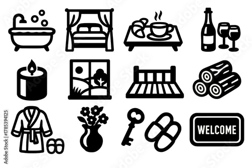 Countryside Retreat Icons. Luxury countryside cottage set bold vector icon set: spa bath, cozy bed with canopy, breakfast tray, wine bottle and glasses, scented candle, countryside