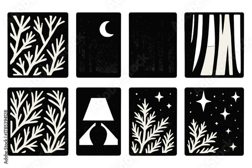 Brutalist Frost Icons. Evening Frosted Views bold vector icon set: frozen window patterns, moonlight outside, shadowed trees, glowing stars, soft curtain fold, glass frost detail,