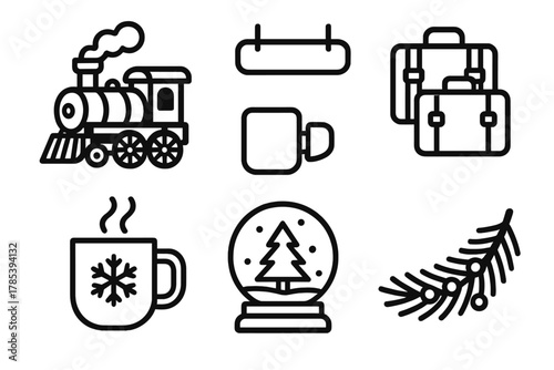 Seasonal Train Icons. Seasonal Train Adventure outline icon set: classic train, platform sign, luggage, hot drink, snow globe, pine garland.