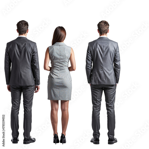 Three business professionals standing together facing away isolated on transparent background