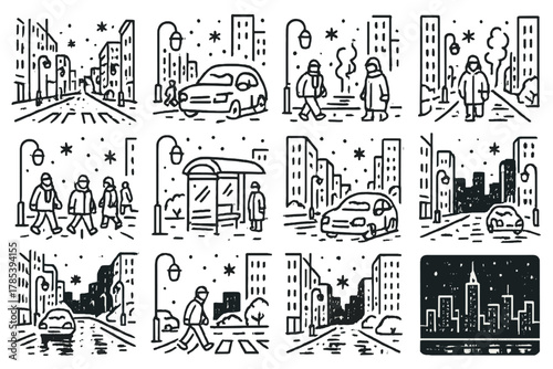 Winter Cityscape at Night. City Winter Streets outline icon set: snowy avenue, streetlights glowing, cars covered in snow, crosswalk lines fading, bundled pedestrians, icy