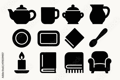 Bold Tea Ritual Icons. Tea Ritual bold vector icon set: teapot, mug, sugar bowl, milk pot, saucer, tray, napkin, teaspoon, candle, book, blanket, cozy chair.