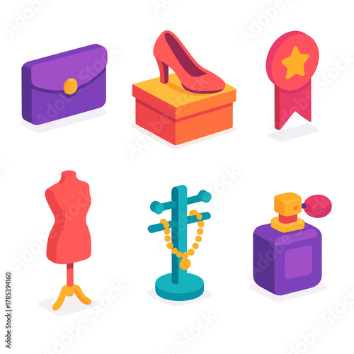 Luxury Retail Icons. Luxury Retail modern flat icon set: clutch purse, shoe box, ribbon tag, mannequin, jewelry stand, perfume.