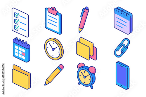 Isometric Productivity Icons. Productivity Tools modern flat icon set: checklist, clipboard, pen, notepad, calendar, clock, sticky notes, paper clip, folder, pencil, alarm,