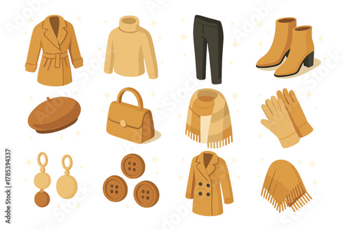 Chic Winter Icons. Modern Winter Outfits modern flat icon set: trench coat, turtleneck, slim trousers, heeled boots, beret, handbag, wool shawl, gloves, earrings, coat buttons,