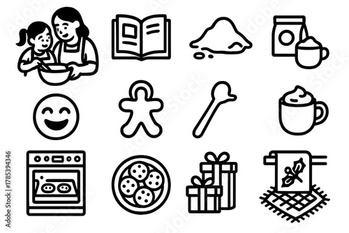 Family Baking Icons. Family Baking Day outline icon set: mother and child, recipe book, flour spill, laughter icon, cookie cutter, hot cocoa, oven light, mixing spoon, plate of