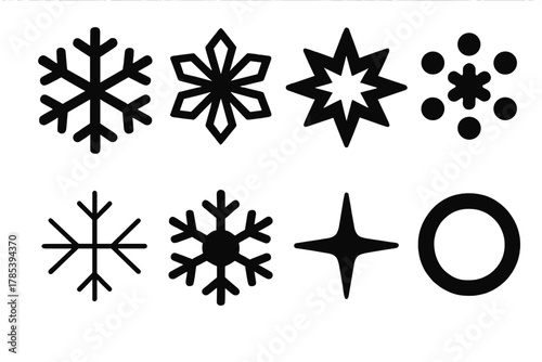 Bold Geometric Icons. Classic Shapes bold vector icon set: six-point snowflake, crystal flake, geometric star, dotted flake, thin lines, solid center, sparkle, frost ring.