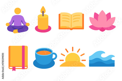 Mindful Icon Set. Mindful Renewal modern flat icon set: meditation pose, candle, open book, lotus flower, journal, tea cup, sunrise, calm wave.