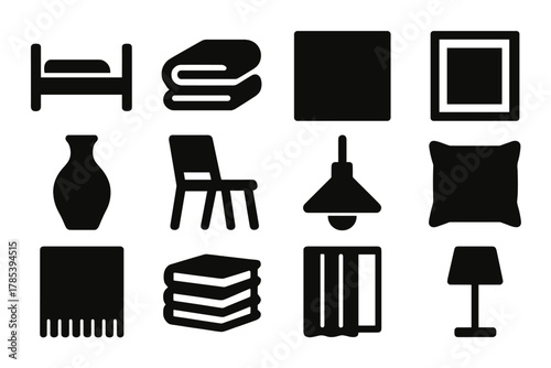 Brutalist Icon Set. Minimal Design bold vector icon set: wooden bed frame, folded blanket, neutral wall, framed print, vase, chair, pendant lamp, linen pillow, rug, stack of books,