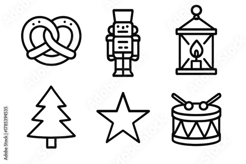 Weihnachtsmarkt Symbole. Weihnachtsmarkt Icons outline icon set: pretzel, nutcracker, lantern, pine tree, star, toy drum.