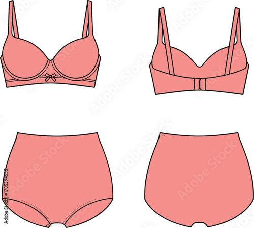 Women’s lingerie set sketch, bra and high-waisted panties, front and back view, pink fashion design, vector illustration, stylish intimate apparel, garment concept