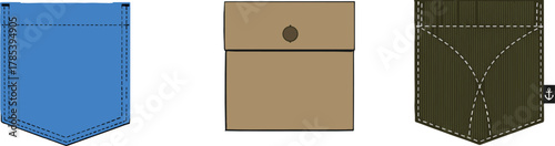 Pocket design sketch, fashion illustration, flap and button detail, curved stitching, pinstripe pattern, garment accessory, vector artwork, apparel concept, textile element, stylish detail