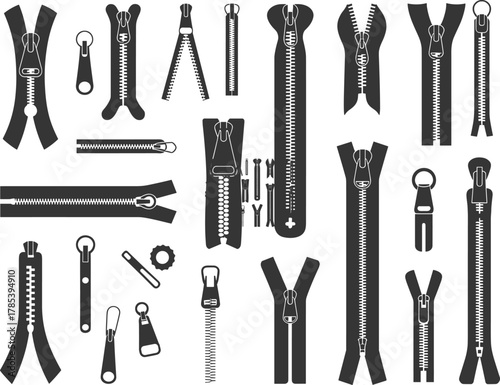 Zipper component illustration set, black and white vector icons, closed-end, open-end, slider, pull tab, garment fastener design, fashion hardware, silhouette sketch pack