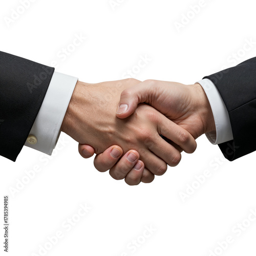 Two businessmen in dark suits and white shirts shaking hands firmly in agreement isolated on transparent background