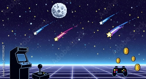 Retro 8 Bit Arcade Game Night Shooting Stars and Neon Grid in Space