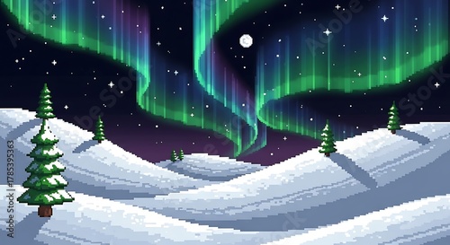 Vibrant Pixel Art Aurora Borealis over Snowy Winter Landscape at Night