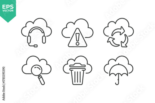 Set Of Cloud Computing Line Icons. The set includes a Data Analyzing, Data Center, Internet Technology, Cloud Storage, Database Platform, Computer Digital System, and more.