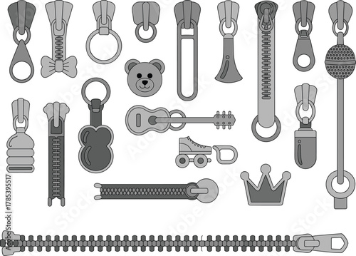 Zipper pull icon set, creative fastener designs, bear, guitar, microphone, crown, roller skate, bow tie, fashion hardware, vector accessory, garment illustration pack