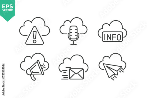 Set Of Cloud Computing Line Icons. The set includes a Data Analyzing, Data Center, Internet Technology, Cloud Storage, Database Platform, Computer Digital System, and more.