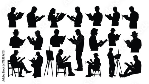 People writing and drawing silhouettes collection isolated on white background, Vector