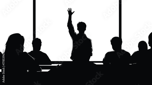 Silhouette of a person raising hand in a meeting