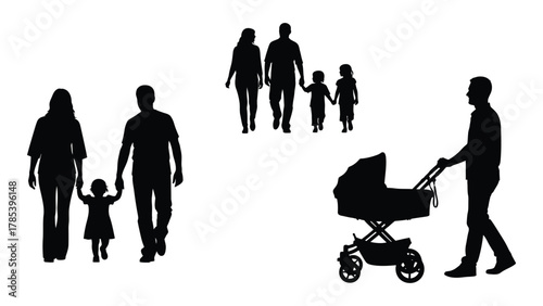 Family silhouettes walking and with stroller isolated on white background, Vector