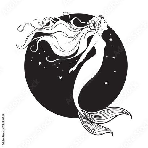 Elegant monochrome mermaid illustration against starry sphere Vector