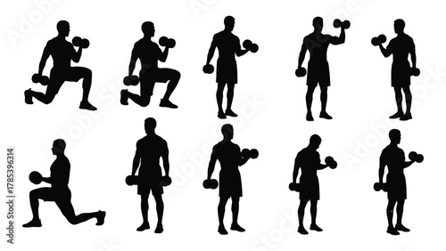 Dumbbell exercise silhouettes isolated on white background, Vector