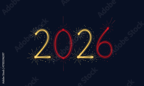 Happy New Year 2026 fireworks sparkler celebration glowing numbers on dark blue background