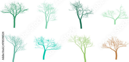 Collection of stylized tree silhouettes in various colors spring concept