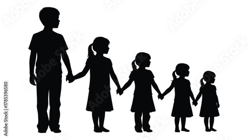 Children holding hands silhouette isolated on white background, Vector