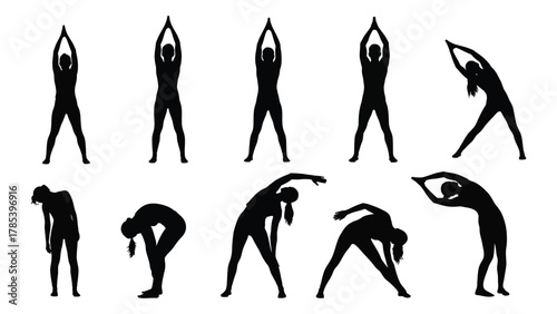 Stretching and exercise silhouettes isolated on white background, Vector