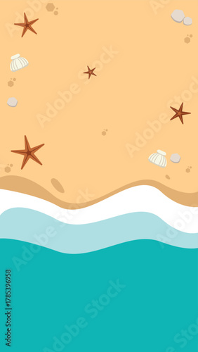 Vertical vector illustration of a sandy beach background viewed from above. Perfect for social media stories and mobile backgrounds. Decorated with starfish and seashells