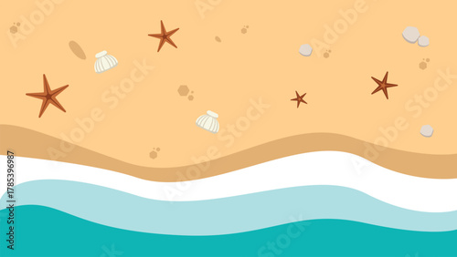 Top down view vector background of an ocean beach. Features blue waves washing over the sand, decorated with seashells and starfish. Summer vector