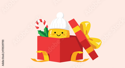 A happy yellow character wearing a white hat emerges from an open red gift box, surrounded by festive candy cane and holly, celebrating the holidays.