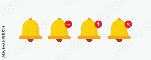 Set of yellow notification bell icons showing different states: unread message, pending update, new alert, and error notification. UI UX vector design