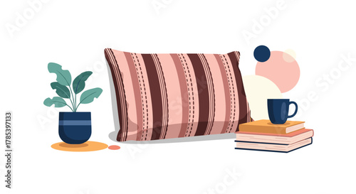 Cozy home decor illustration featuring a striped pillow, potted plant, stacked books, and a mug, set against a clean white background.