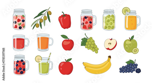 A vibrant collection of fresh fruits and healthy juice drinks, perfect for a balanced diet and refreshing beverages.