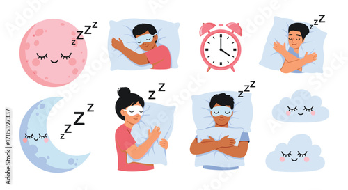 Various cartoon illustrations depicting a good night's sleep with people resting comfortably, a sleepy moon, an alarm clock, and soft clouds.
