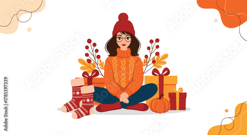 Young woman in cozy autumn attire surrounded by gifts, pumpkins, and fall decorations, celebrating the holiday season.