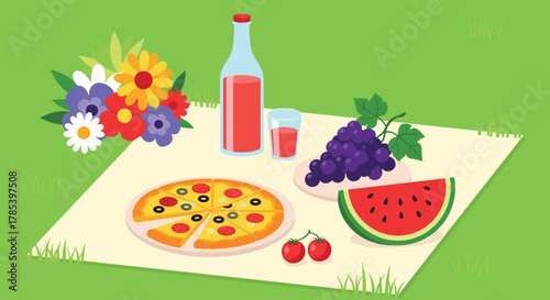 A vibrant outdoor picnic scene laid out on a beige blanket with pizza, fresh fruit, juice, and a bouquet of colorful flowers on the green grass.