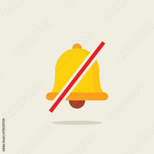 Muted bell icon in flat vector design. Yellow notification symbol crossed out with a red line, signifying silent mode or notifications off. UI element