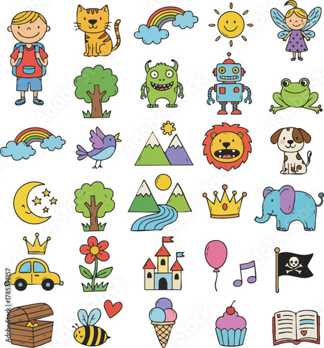 Colorful Kids' Doodle Elements and Fantasy Characters Vector