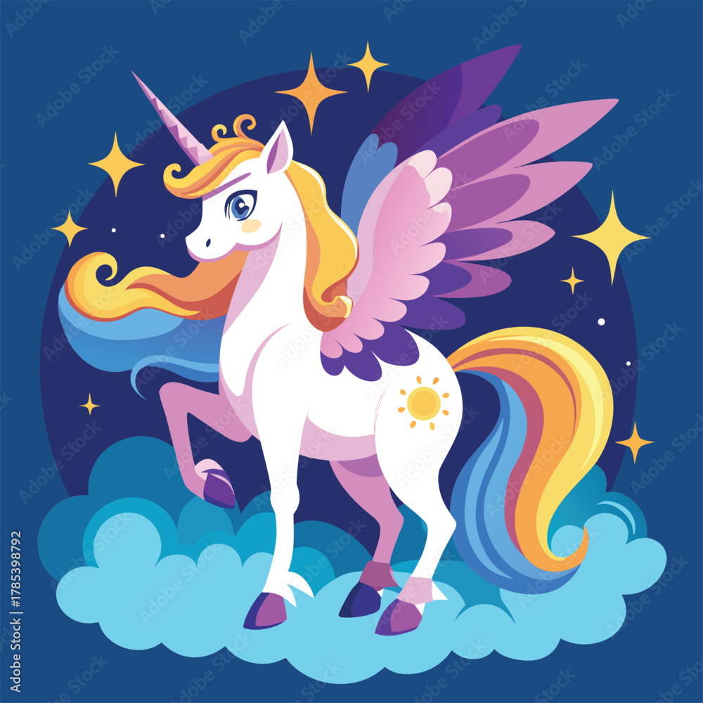 Fototapeta premium A super cute baby unicorn in vector art | Vibrant Rainbow Winged Unicorn Standing on Clouds Under a Starry Night Sky | Magical Fantasy Illustration