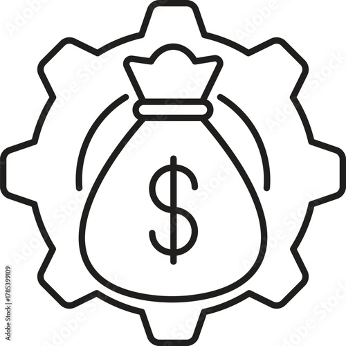 Money Bag Gear Financial Process Line Art Icon.