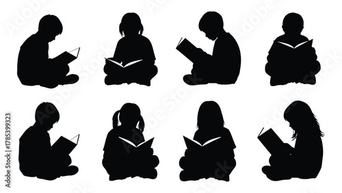 Children reading book silhouettes isolated on white background, Vector