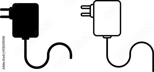 Black and white icons of power adapters with plugs and cords